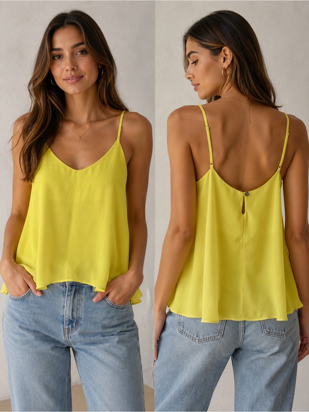 Olivaceous Bright Lemon Satin V-Neck Cami with Adjustable Straps